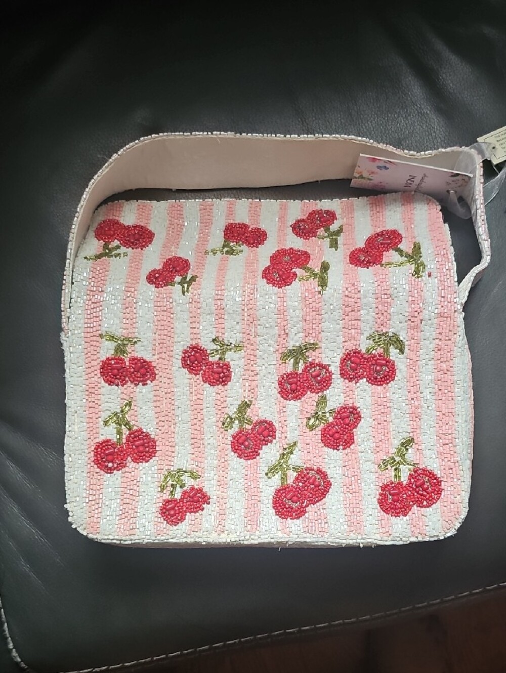 Cherry Beaded Shoulder Bag - Pink Stripe - Picture 3 of 7